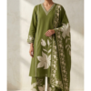 Nature Inspired Minimal V-Neckline Leafy Embroidered Cotton Full Suit Set With Dupatta- 14792 - Thumbnail Image 1