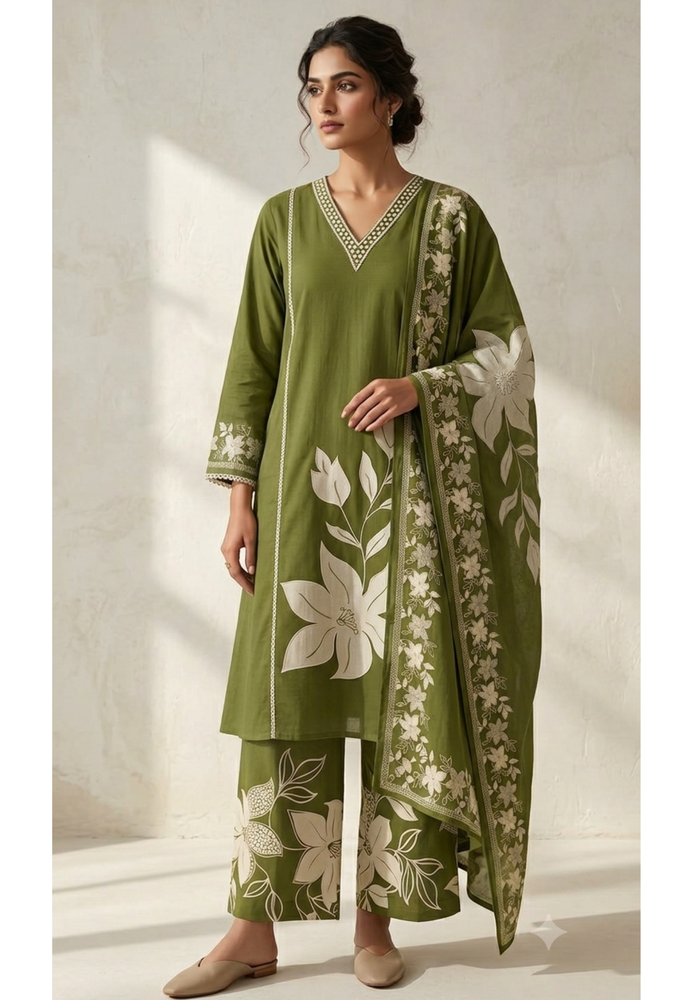 Nature Inspired Minimal V-Neckline Leafy Embroidered Cotton Full Suit Set With Dupatta- 14792 - Image 1