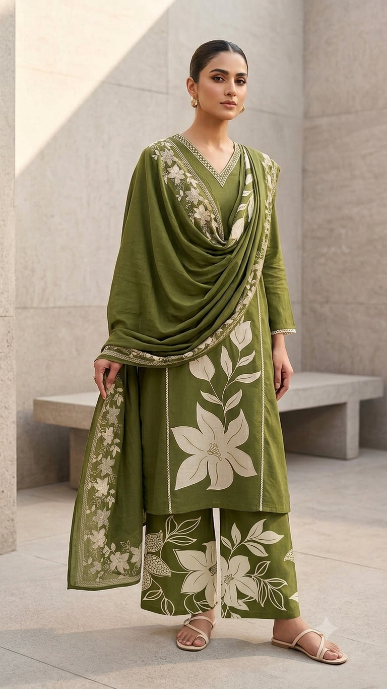 Nature Inspired Minimal V-Neckline Leafy Embroidered Cotton Full Suit Set With Dupatta- 14792 - Image 3