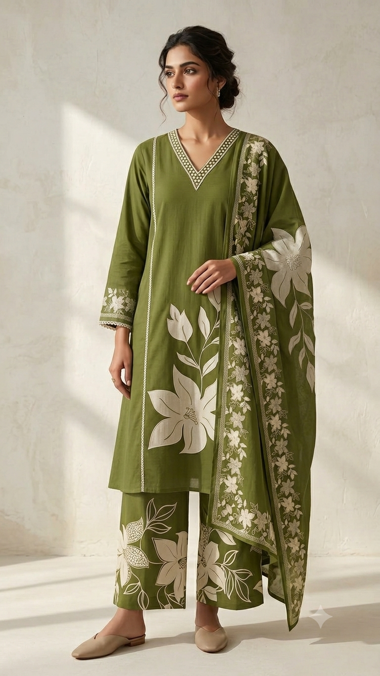 Nature Inspired Minimal V-Neckline Leafy Embroidered Cotton Full Suit Set With Dupatta- 14792 - Image 2